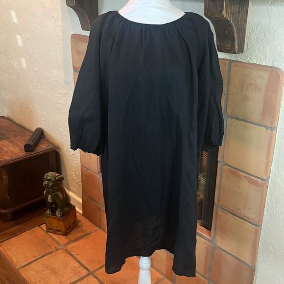 Marks & Spencer Black Puff Sleeve Linen/Cotton Mini Smock Dress, size 16 - Picture 1 of 11